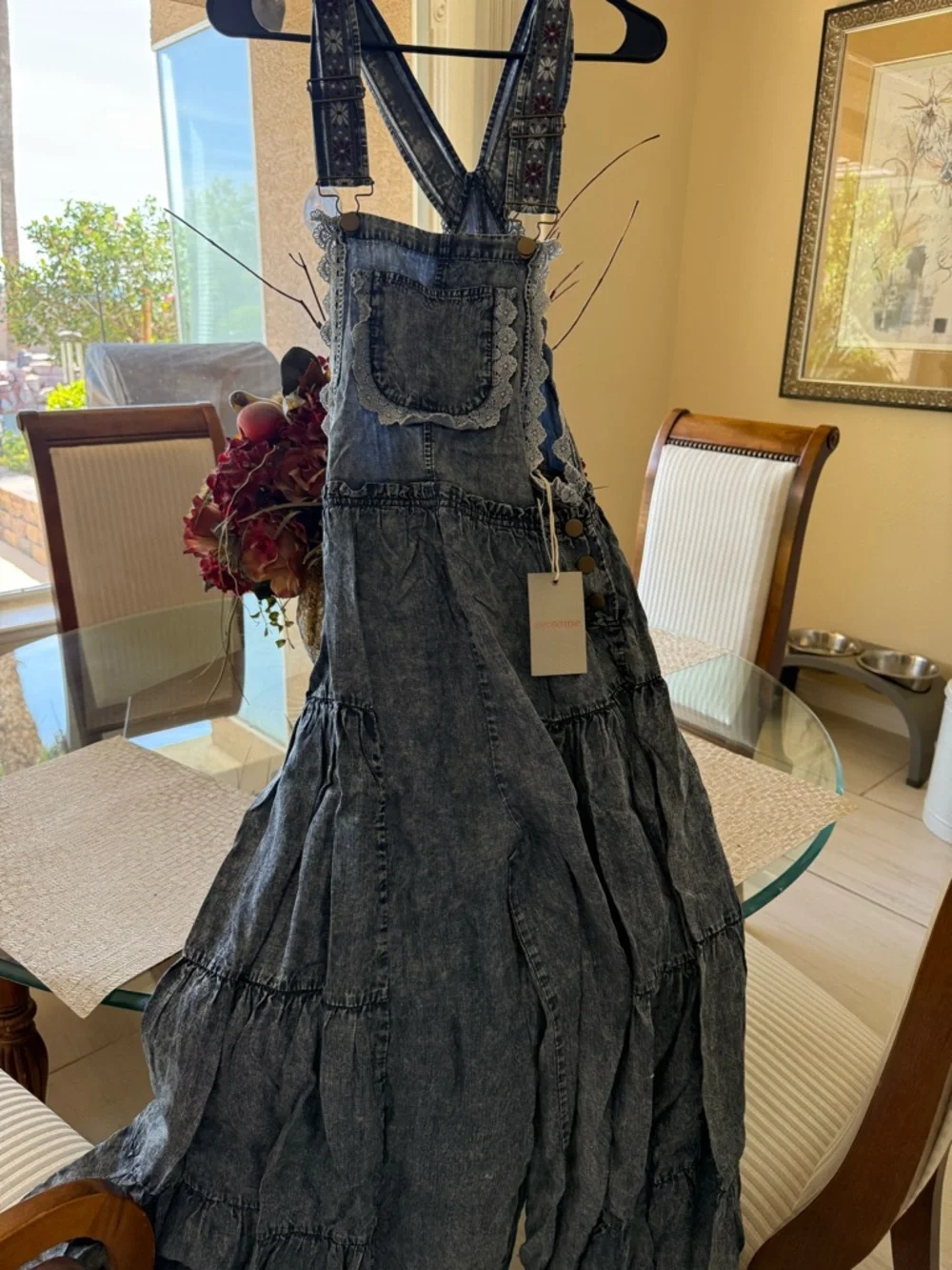 Free People Washed Black Denim Tiered Jumper Dress with Embroidered Straps - Picture 1 of 5